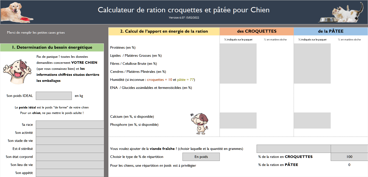 Calculateur de ration croquettes et pâtée pour chien