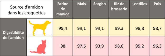 Taux de digestibilité de l'amidon chez le chien et le chat