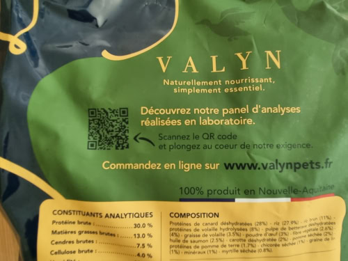 Valyn qr code analyse croquettes pour chiens stériliés et seniors
